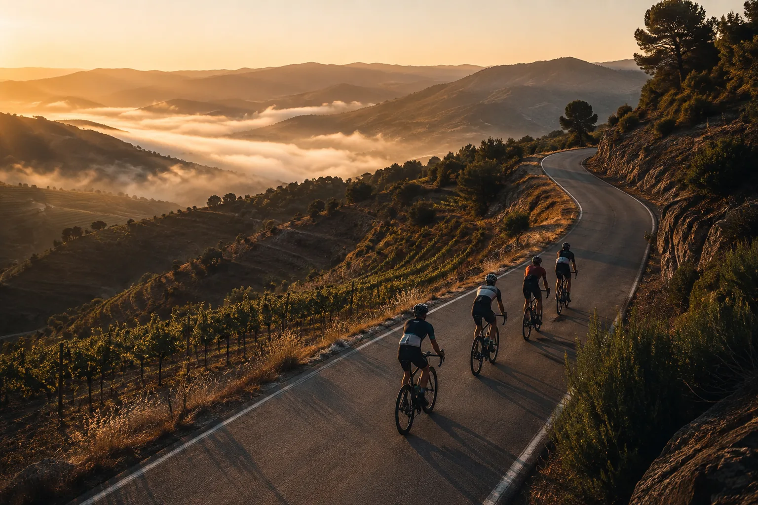 Grupeta en carretera de montaña al amanecer