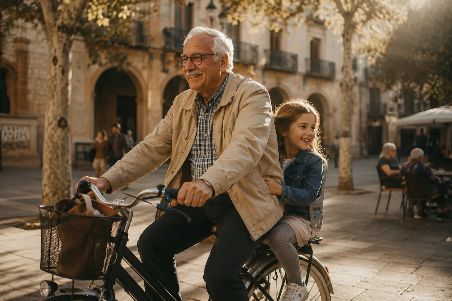 Abuelo y nieta en bicicleta